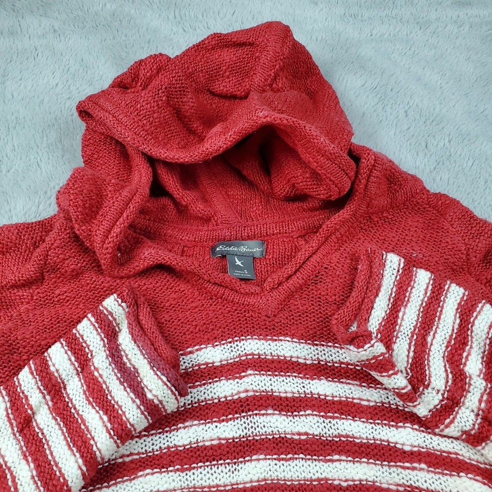 Eddie Bauer Knit Hoodie Womens S Striped Cotton Pullover Kangaroo Pkt Red White